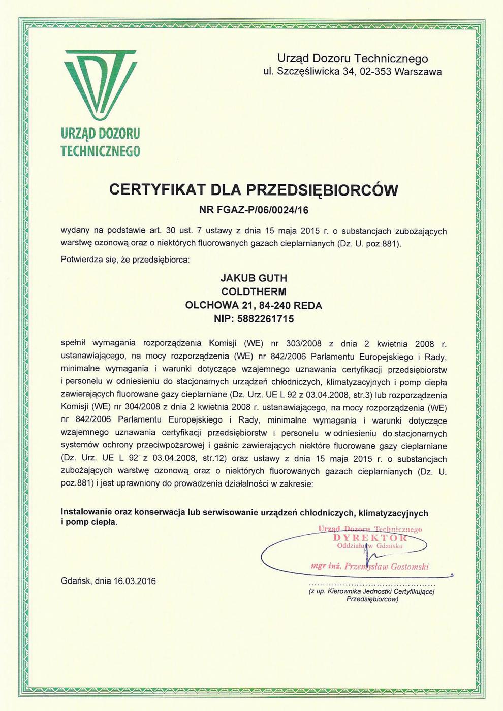 Certyfikat F-GAZ Przedsiębiorstwo